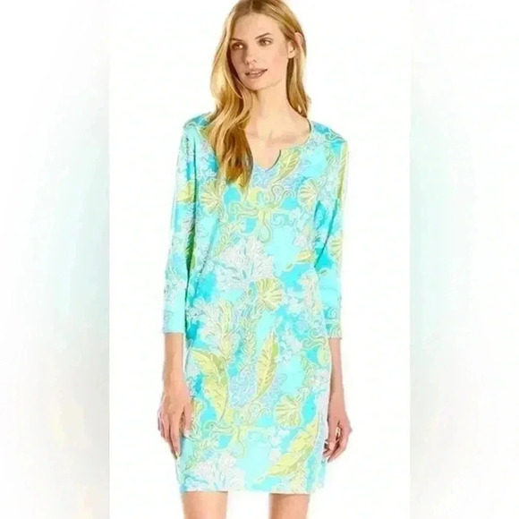 Caribbean Joe Women Turquoise Aquamarine Print Cotton 3/4 Sleeve Mini Dress Sz S - Picture 2 of 11